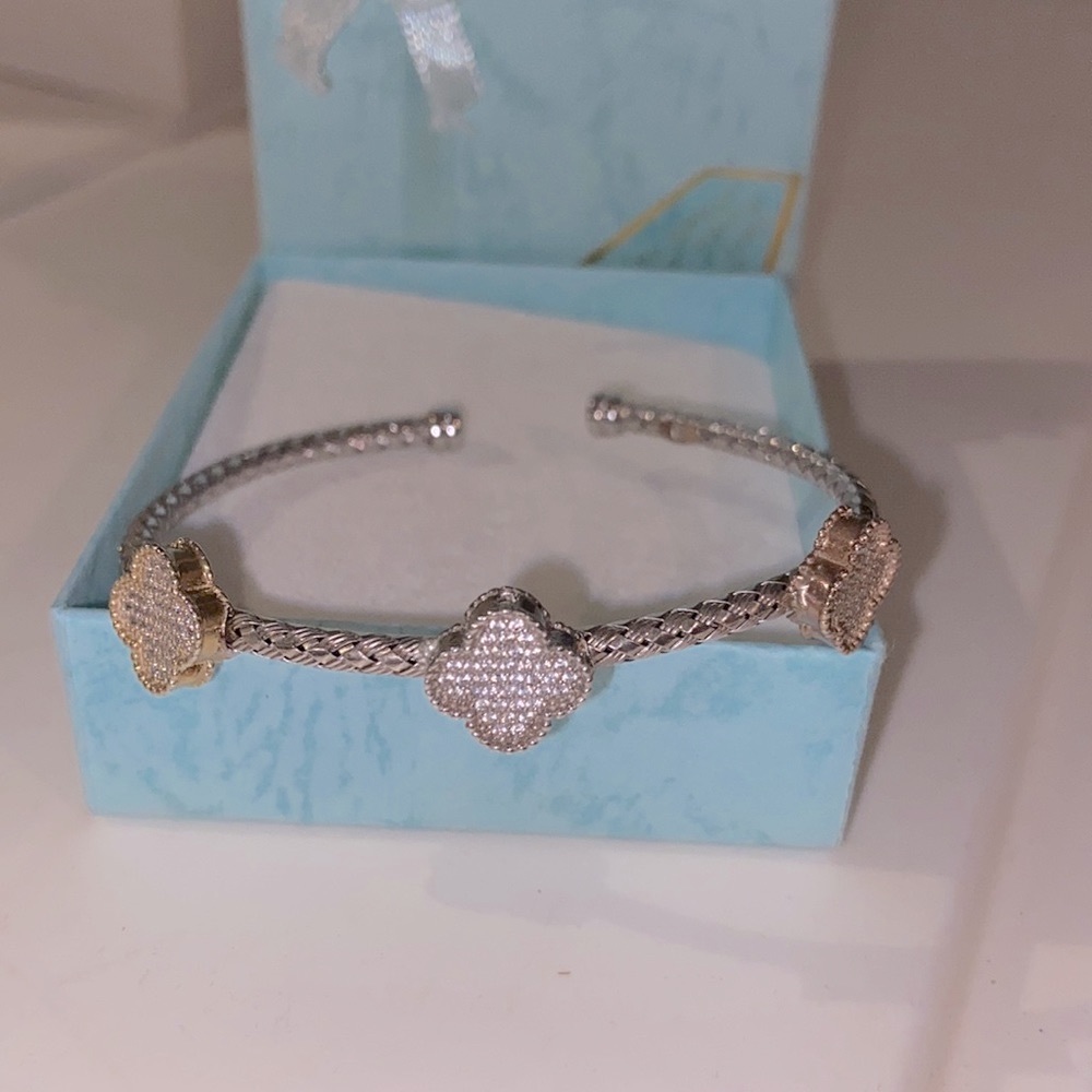Sterling Silver 925 Bangle Bracelet Cuff with 3 tri color clover design pave czs